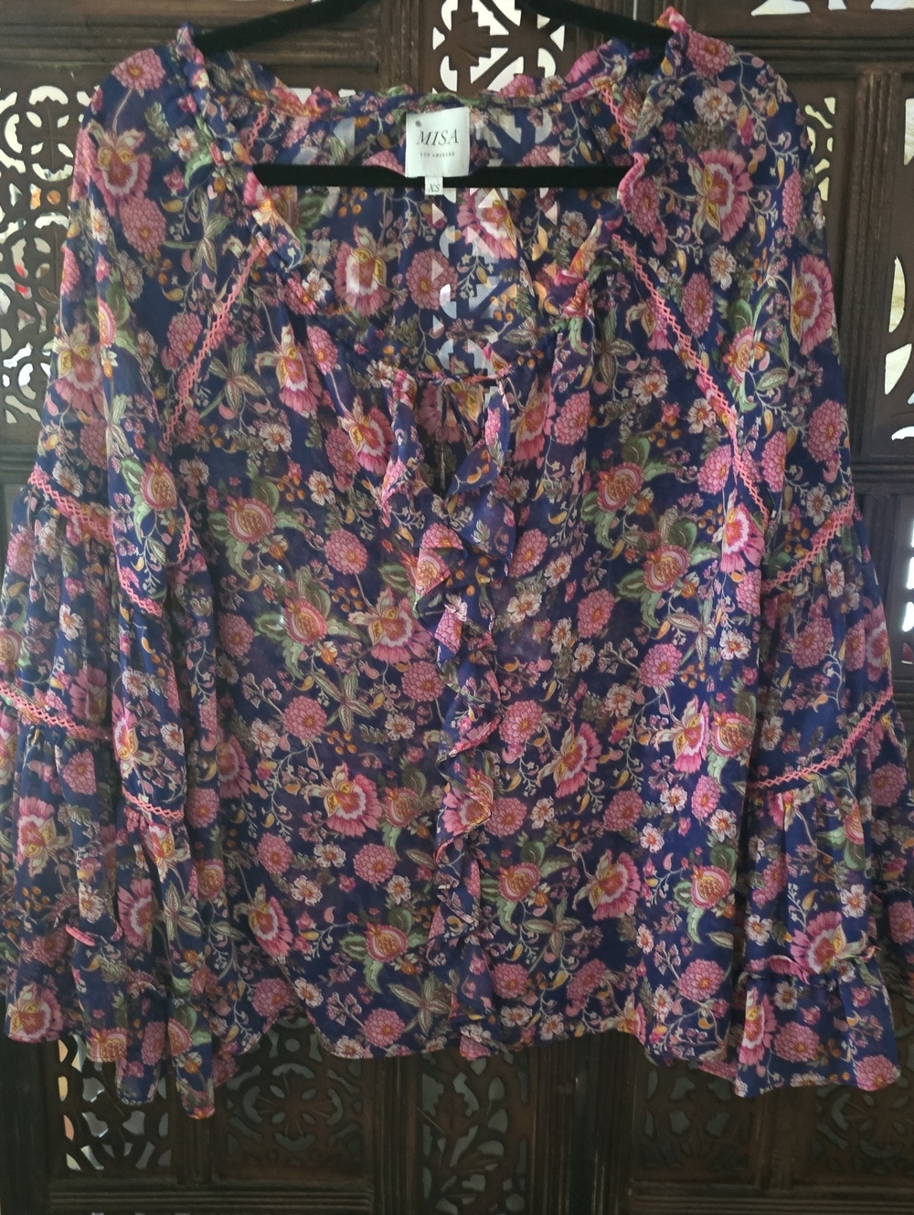 Misa Los Angeles Navy Floral Ruffle Peasant Top